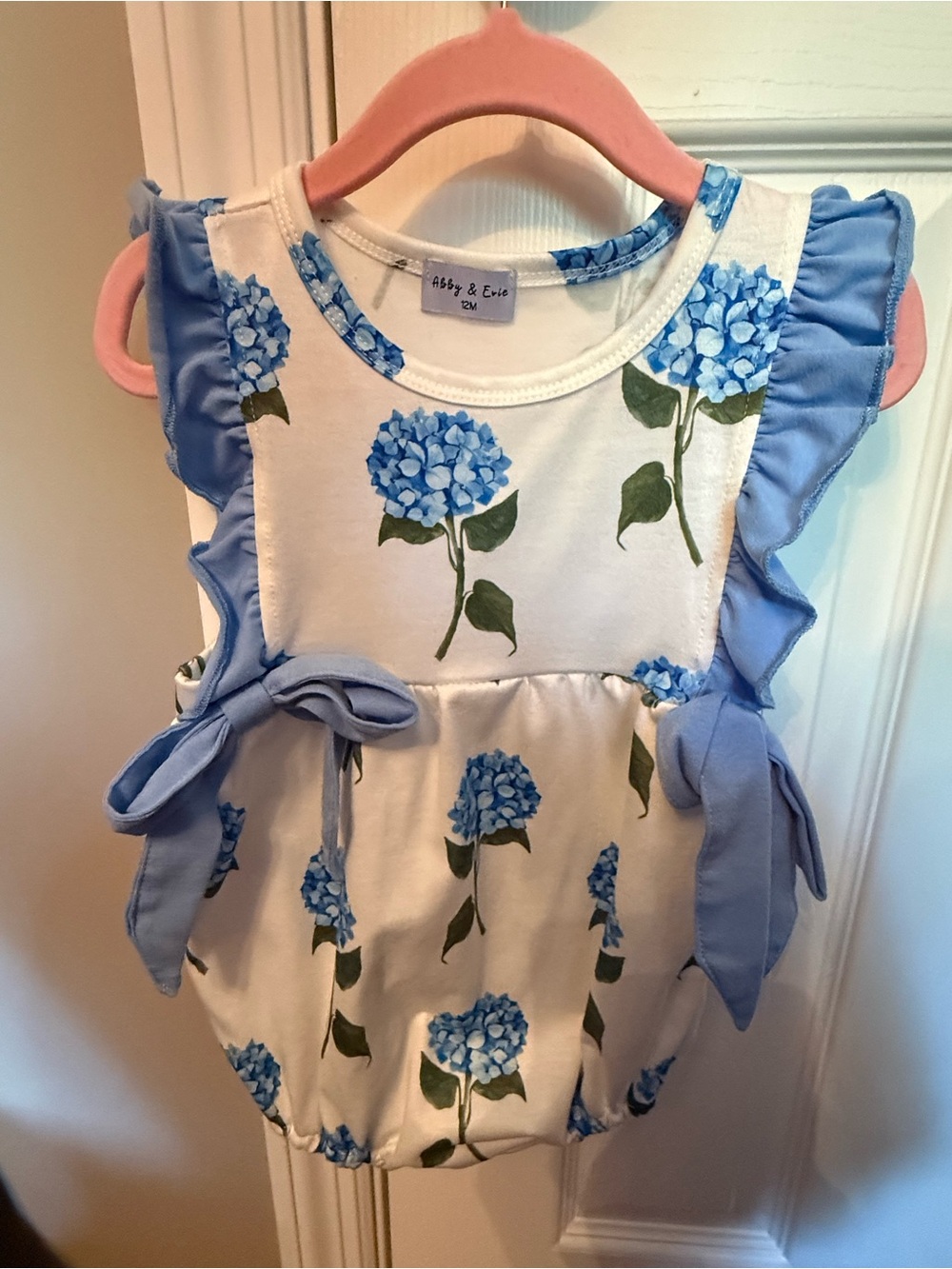 Abby & Eric Blue Hydrangea Baby Romper with Ruffle Sleeves